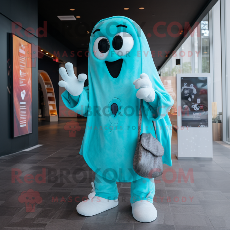 Turquoise Ghost mascot costume character dressed with a Jacket and Handbags