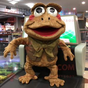 Brown Frog mascot costume character dressed with a Shorts and Scarf clips