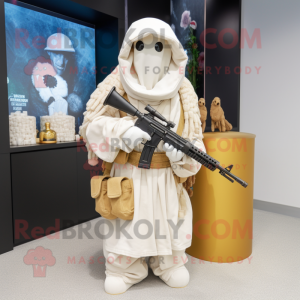 Cream Sniper mascot costume character dressed with a Wrap Dress and Shawls