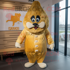 Gold Shakshuka mascot costume character dressed with a Parka and Lapel pins