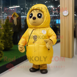 Gold Shakshuka mascot costume character dressed with a Parka and Lapel pins