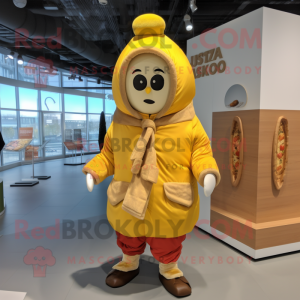 Gold Shakshuka mascot costume character dressed with a Parka and Lapel pins