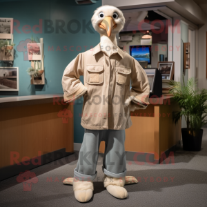 Beige Albatross mascot costume character dressed with a Mom Jeans and Tie pins