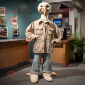 Beige Albatross mascot costume character dressed with a Mom Jeans and Tie pins
