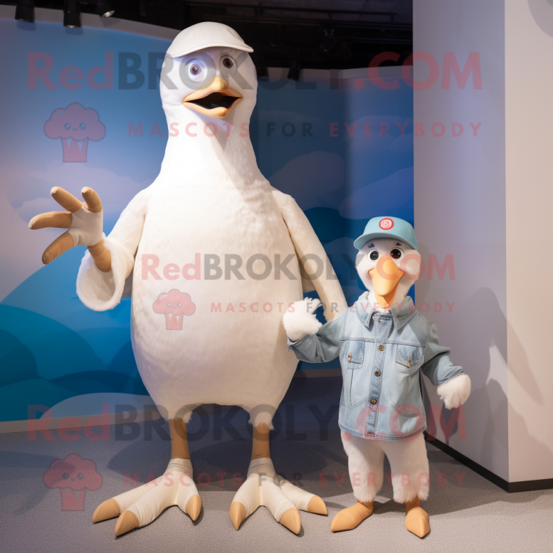 Beige Albatross mascot costume character dressed with a Mom Jeans and Tie pins