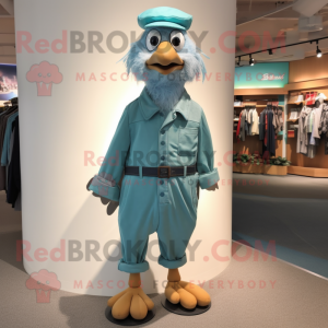 Turquoise Seagull mascot costume character dressed with a Dungarees and Shoe clips