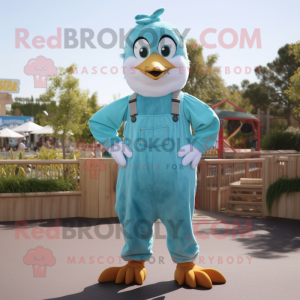 Turquoise Seagull mascot costume character dressed with a Dungarees and Shoe clips