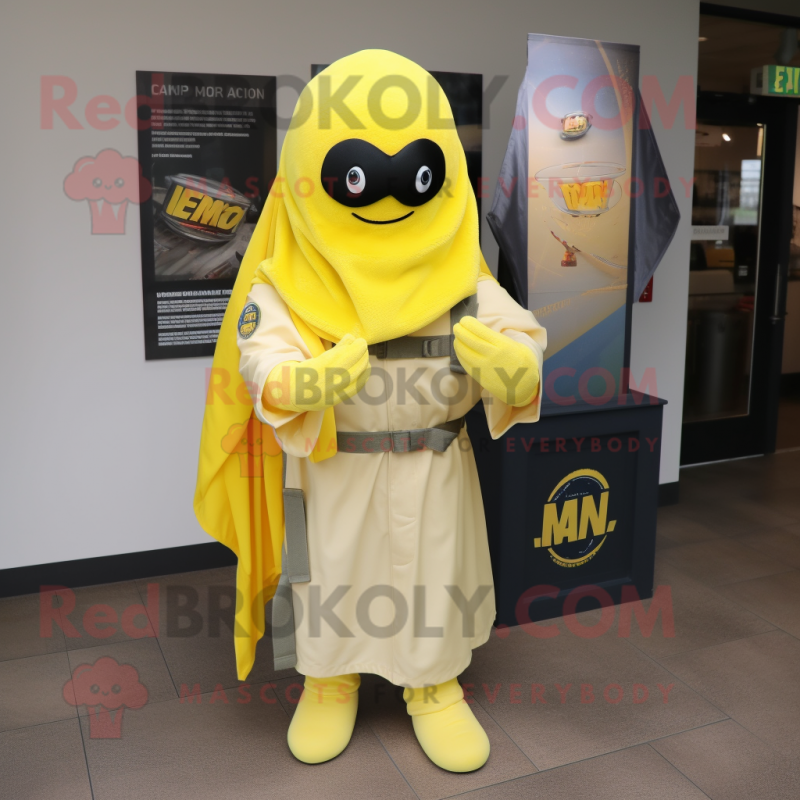 Lemon Yellow Marine Recon mascot costume character dressed with a Mom Jeans and Shawl pins