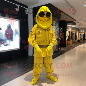 Lemon Yellow Marine Recon mascot costume character dressed with a Mom Jeans and Shawl pins