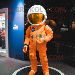 Orange Astronaut mascot costume character dressed with a Skinny Jeans and Hats