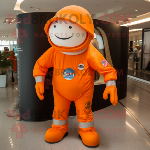 Orange Astronaut mascot costume character dressed with a Skinny Jeans and Hats