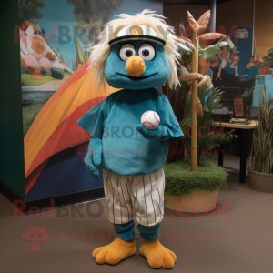 Teal Scarecrow mascot costume character dressed with a Baseball Tee and Shawls