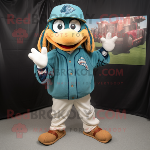 Teal Scarecrow mascot costume character dressed with a Baseball Tee and Shawls