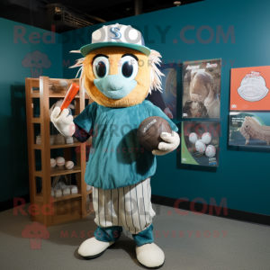 Teal Scarecrow mascot costume character dressed with a Baseball Tee and Shawls