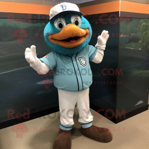 Teal Scarecrow mascot costume character dressed with a Baseball Tee and Shawls