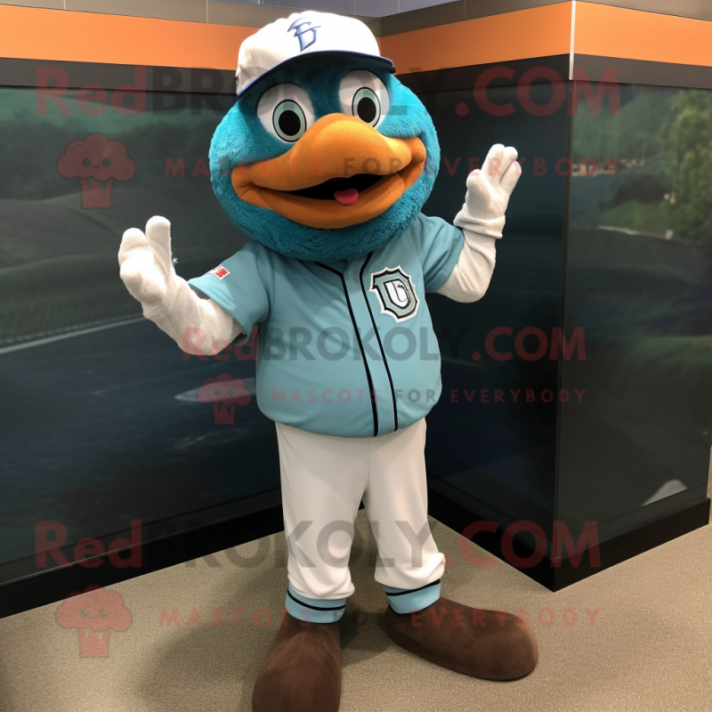 Teal Scarecrow mascot costume character dressed with a Baseball Tee and Shawls Teal Scarecrow mascot costume character dressed with a Baseball Tee and Shawls