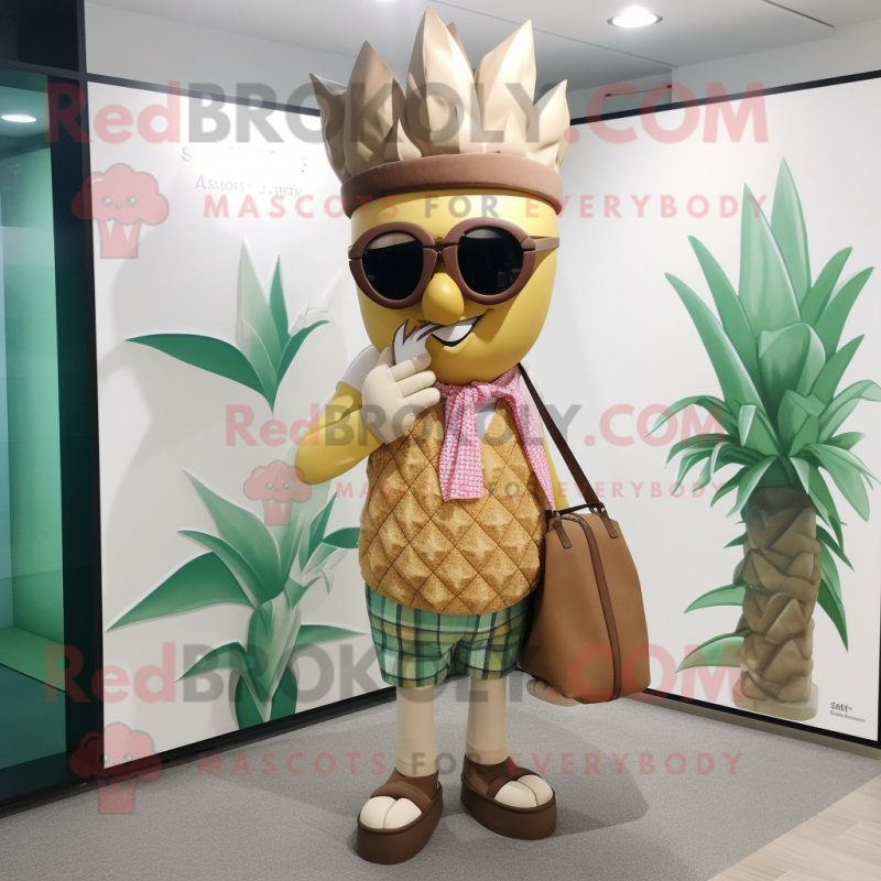 Tan Pineapple mascot costume character dressed with a Shorts and Handbags Tan Pineapple mascot costume character dressed with a Shorts and Handbags