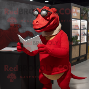 Red Iguanodon mascot costume character dressed with a Turtleneck and Reading glasses