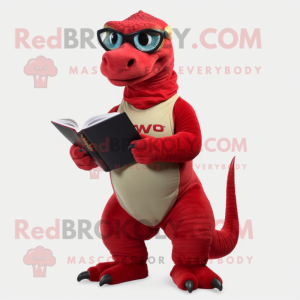 Red Iguanodon mascot costume character dressed with a Turtleneck and Reading glasses