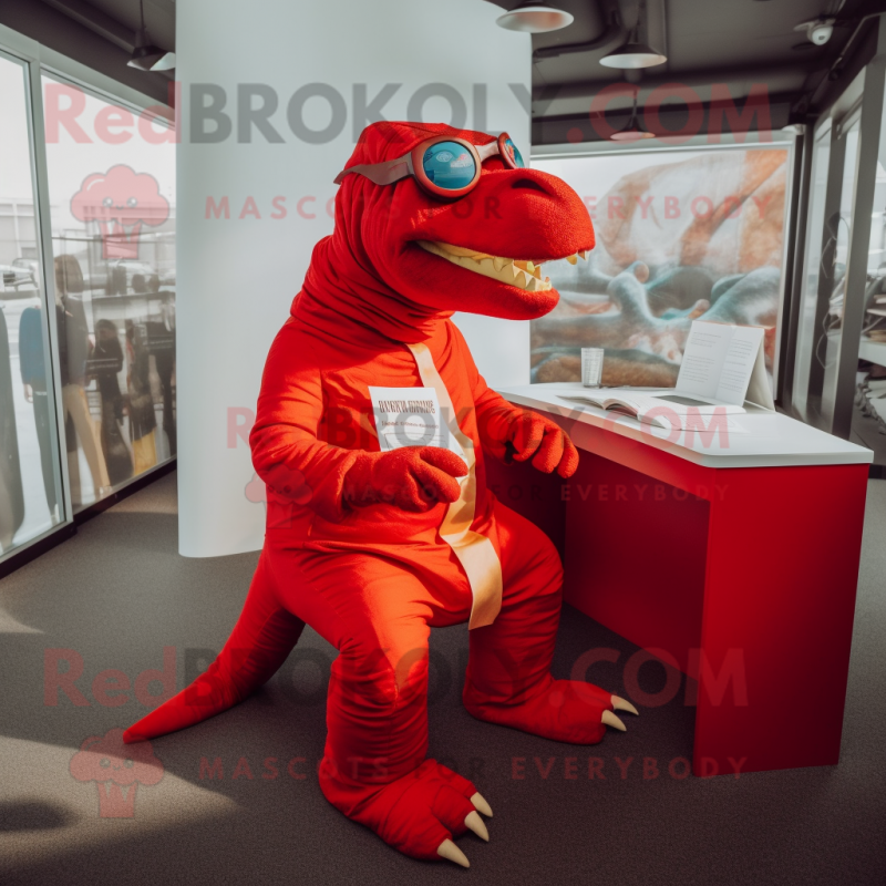 Red Iguanodon mascot costume character dressed with a Turtleneck and Reading glasses