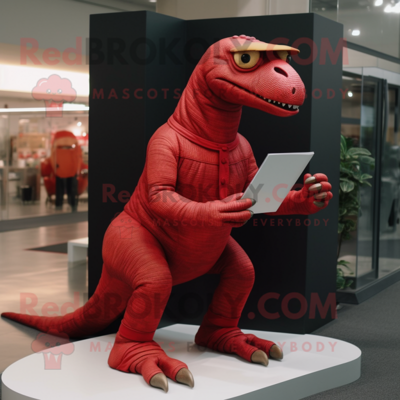 Red Iguanodon mascot costume character dressed with a Turtleneck and Reading glasses