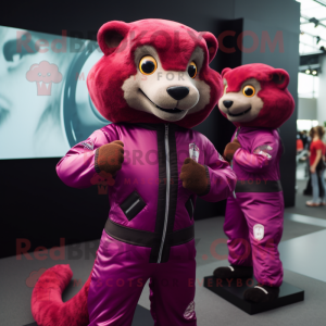 Magenta Mongoose mascot costume character dressed with a Bomber Jacket and Rings