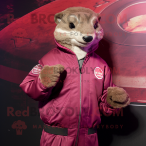 Magenta Mongoose mascot costume character dressed with a Bomber Jacket and Rings