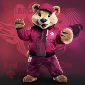 Magenta Mongoose mascot costume character dressed with a Bomber Jacket and Rings