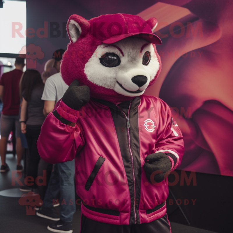 Magenta Mongoose mascot costume character dressed with a Bomber Jacket and Rings Magenta Mongoose mascot costume character dressed with a Bomber Jacket and Rings