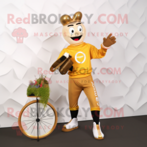 Gold Unicyclist mascot costume character dressed with a Rugby Shirt and Digital watches