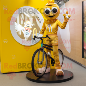 Gold Unicyclist mascot costume character dressed with a Rugby Shirt and Digital watches