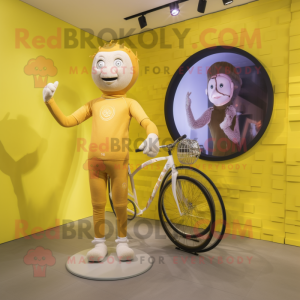 Gold Unicyclist mascot costume character dressed with a Rugby Shirt and Digital watches