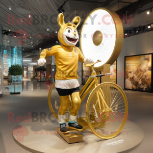 Gold Unicyclist mascot costume character dressed with a Rugby Shirt and Digital watches