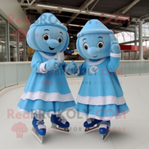 Sky Blue Pair Of Ice Skates mascot costume character dressed with a A-Line Skirt and Caps