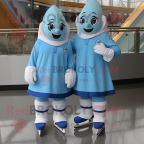 Sky Blue Pair Of Ice Skates mascot costume character dressed with a A-Line Skirt and Caps