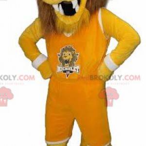 Mascote do leão-tigre amarelo e marrom em roupas esportivas -