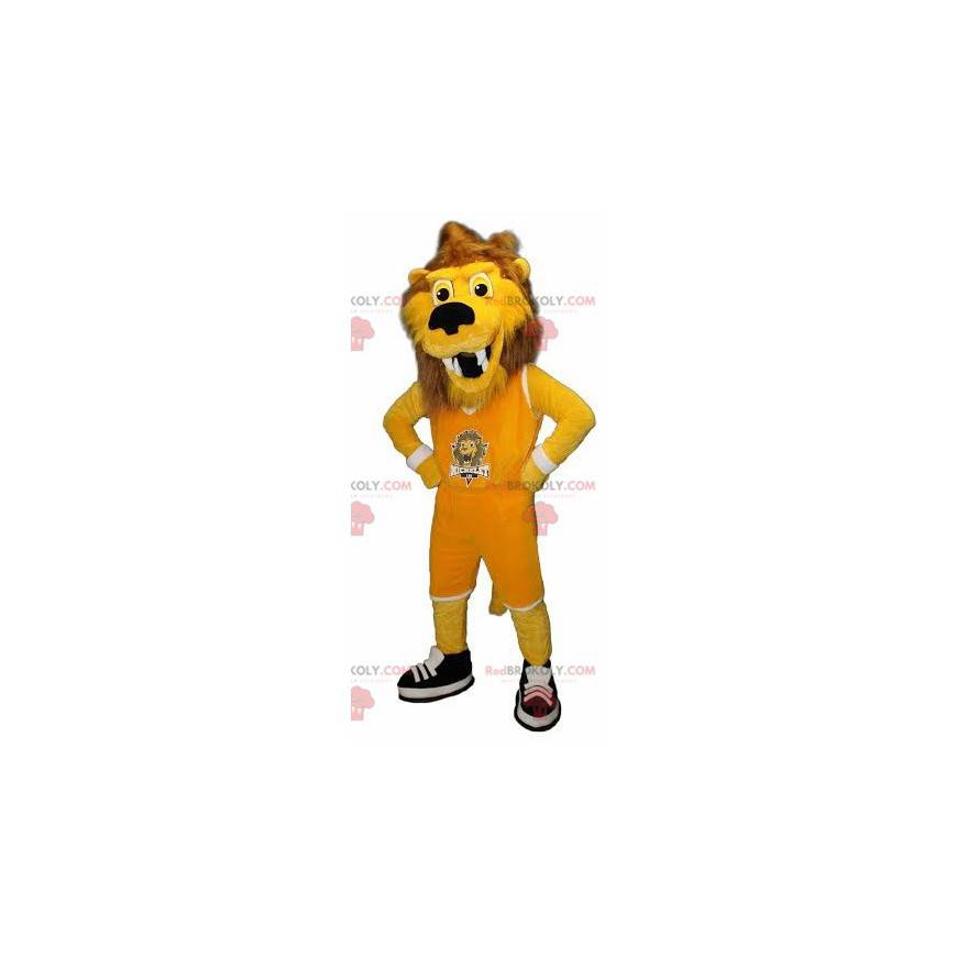 Geel en bruin tijger leeuw mascotte in sportkleding -