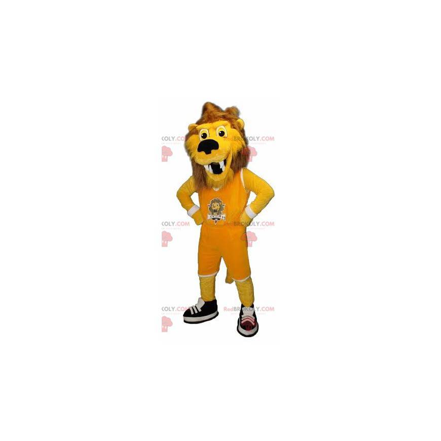 Yellow and brown tiger lion mascot in sportswear -