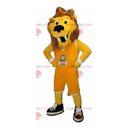Gelbes und braunes Tigerlöwenmaskottchen in der Sportbekleidung