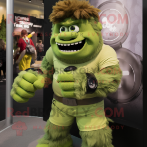 Olive Frankenstein'S Monster mascot costume character dressed with a Rash Guard and Bracelet watches