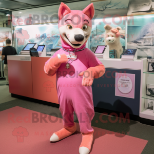 Pink Dingo mascot costume character dressed with a Shift Dress and Bracelet watches