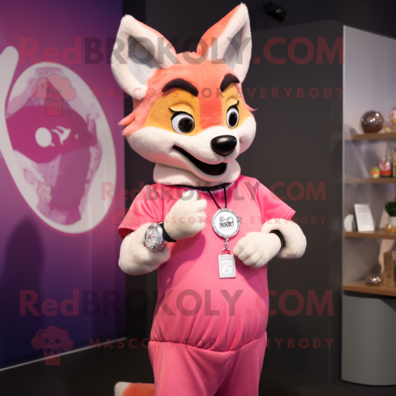 Pink Dingo mascot costume character dressed with a Shift Dress and Bracelet watches Pink Dingo mascot costume character dressed with a Shift Dress and Bracelet watches