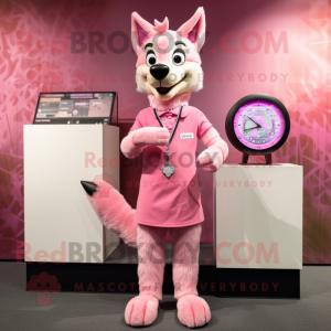 Pink Dingo mascot costume character dressed with a Shift Dress and Bracelet watches