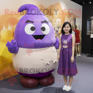 Purple Dim Sum mascot costume character dressed with a Pencil Skirt and Backpacks