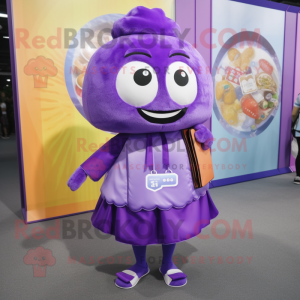 Purple Dim Sum mascot costume character dressed with a Pencil Skirt and Backpacks