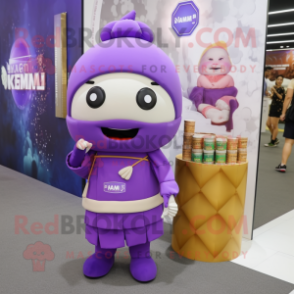 Purple Dim Sum mascot costume character dressed with a Pencil Skirt and Backpacks