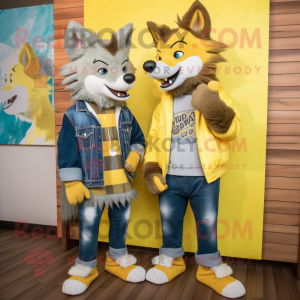 Yellow Wolf mascot costume character dressed with a Boyfriend Jeans and Wraps