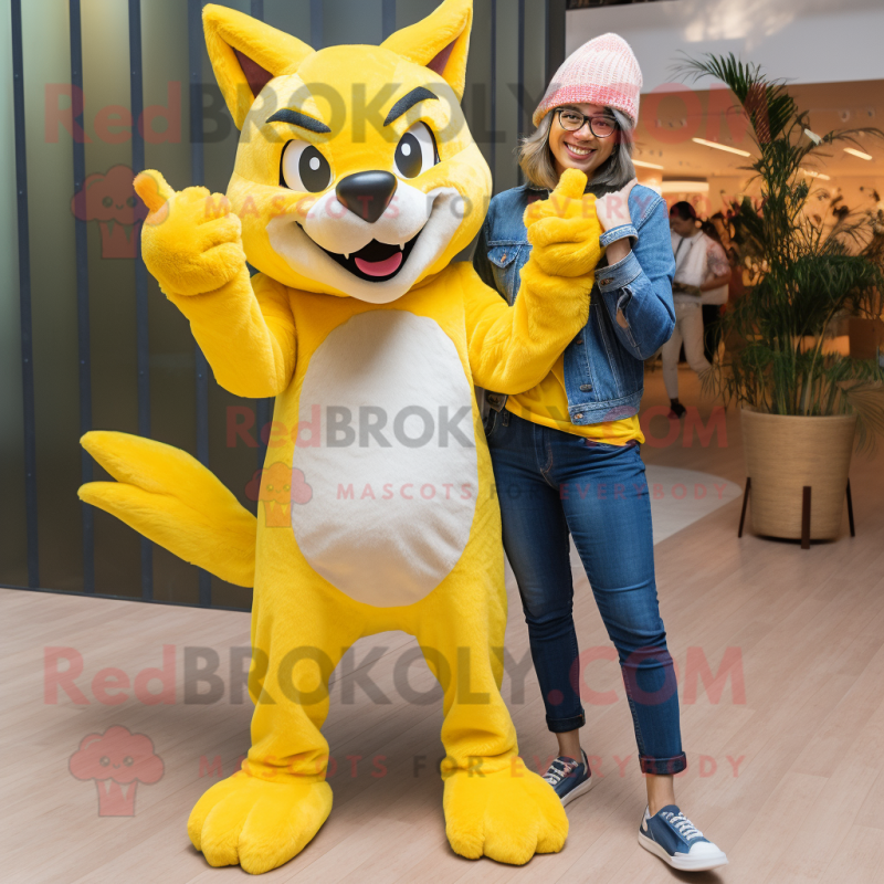 Yellow Wolf mascot costume character dressed with a Boyfriend Jeans and Wraps Yellow Wolf mascot costume character dressed with a Boyfriend Jeans and Wraps