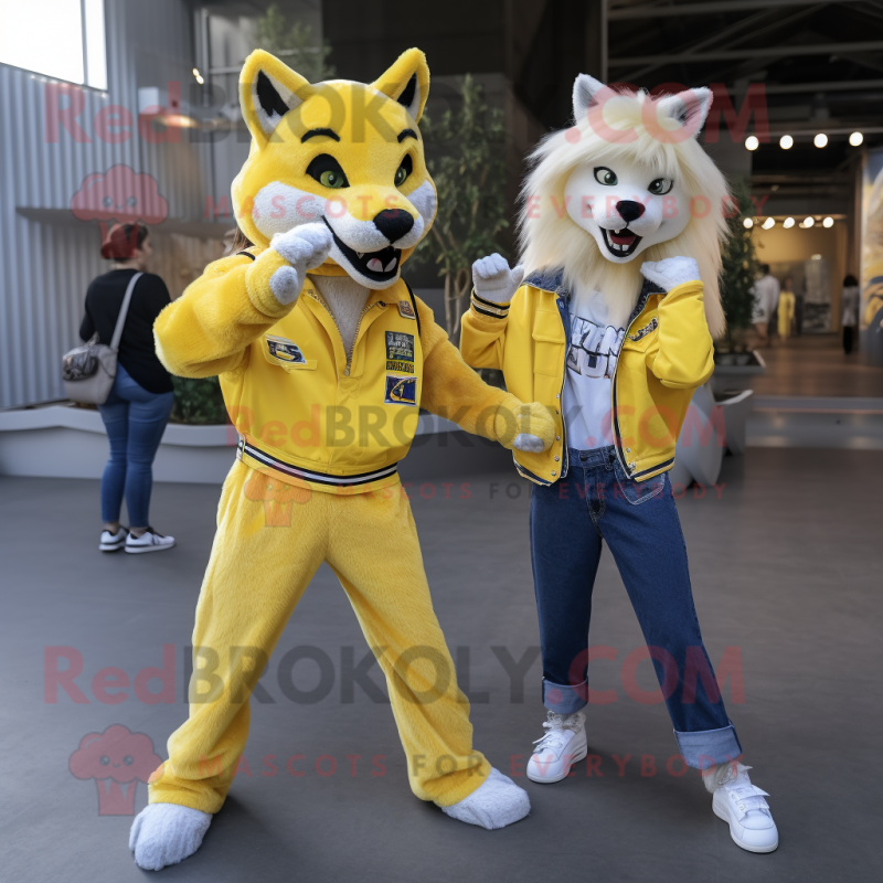 Yellow Wolf mascot costume character dressed with a Boyfriend Jeans and Wraps