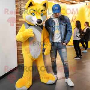 Yellow Wolf mascot costume character dressed with a Boyfriend Jeans and Wraps